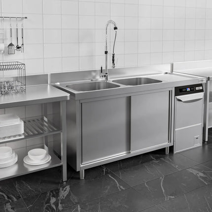 GGM Gastro Commercial Dishwasher Sink with Cupboard PREMIUM - 2000x600mm - 2 Bowls, Left-Hand Bowl