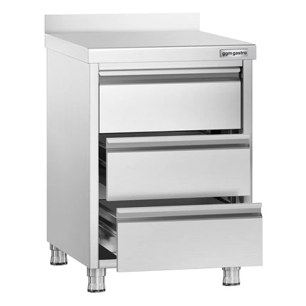 GGM Gastro Commercial Drawer Cabinet PREMIUM - Stainless Steel - with 3 Drawers & 100mm Upstand - 500x700mm