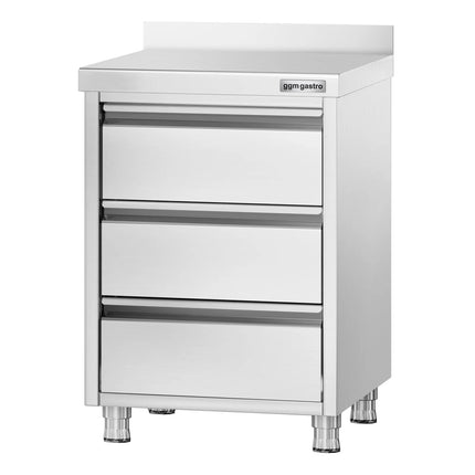 GGM Gastro Commercial Drawer Cabinet PREMIUM - Stainless Steel - with 3 Drawers & 100mm Upstand - 500x700mm