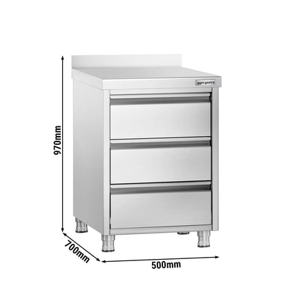 GGM Gastro Commercial Drawer Cabinet PREMIUM - Stainless Steel - with 3 Drawers & 100mm Upstand - 500x700mm