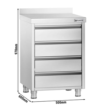 GGM Gastro Commercial Drawer Cabinet PREMIUM - Stainless Steel - with 4 Drawers & 100mm Upstand - 500x600mm