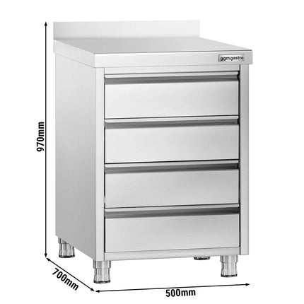 GGM Gastro Commercial Drawer Cabinet PREMIUM - Stainless Steel - with 4 Drawers & 100mm Upstand - 500x700mm