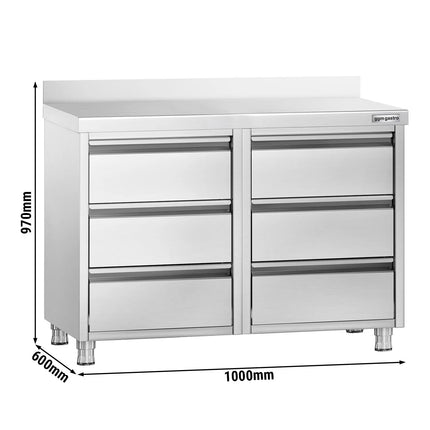 GGM Gastro Commercial Drawer Cabinet PREMIUM - Stainless Steel - with 6 Drawers & 100mm Upstand - 1000x600mm
