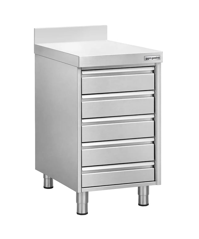 GGM Gastro Commercial Drawer Cabinet - Stainless Steel - with 5 Drawers & 100mm Upstand - 500x700mm