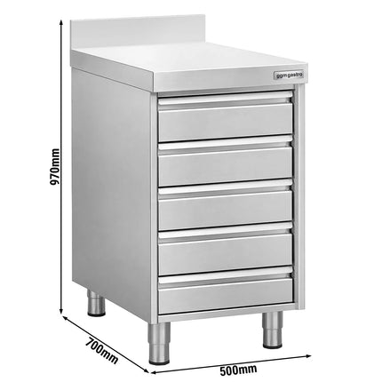 GGM Gastro Commercial Drawer Cabinet - Stainless Steel - with 5 Drawers & 100mm Upstand - 500x700mm
