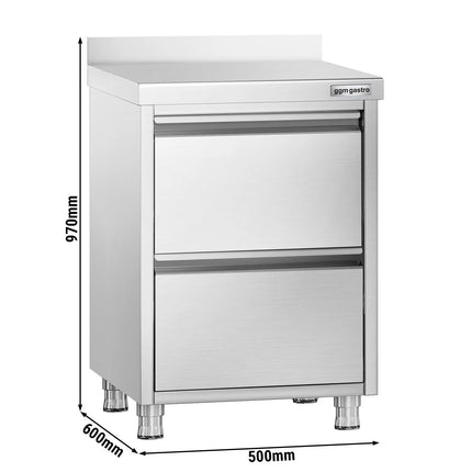 GGM Gastro Commercial Drawer Workstation PREMIUM - Stainless Steel - with 2 Drawers & 100mm Upstand - 500x600mm