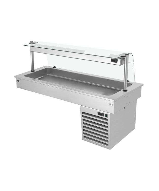 GGM Gastro Commercial Drop-in Refrigerated Well - 1500mm - +2 to +8°C - 4x GN 1/1 - 390W - Curved Glass - with Glass Sneeze Guard