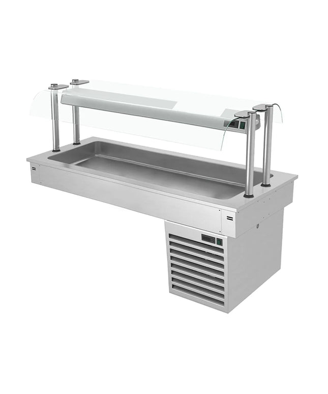 GGM Gastro Commercial Drop-in Refrigerated Well - 1500mm - +2 to +8°C - 4x GN 1/1 - 390W - Square Glass - with Glass Sneeze Guard