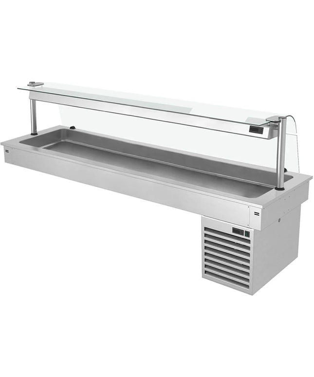 GGM Gastro Commercial Drop-in Refrigerated Well - 2100mm - +2 to +8°C - 6x GN 1/1 - 410W - Curved Glass - with Glass Sneeze Guard