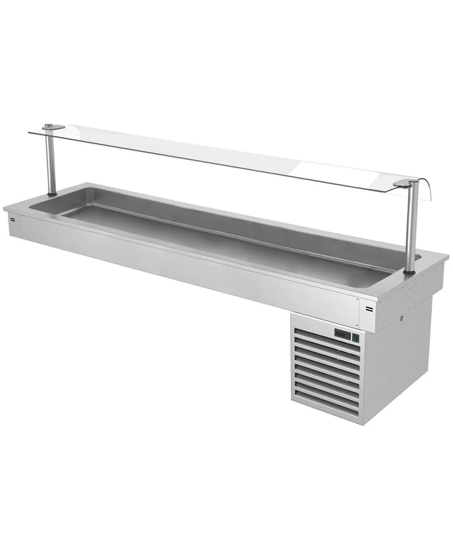 GGM Gastro Commercial Drop-in Refrigerated Well - 2100mm - +2 to +8°C - 6x GN 1/1 - 410W - Square Glass - with Glass Sneeze Guard