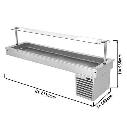 GGM Gastro Commercial Drop-in Refrigerated Well - 2100mm - +2 to +8°C - 6x GN 1/1 - 410W - Square Glass - with Glass Sneeze Guard