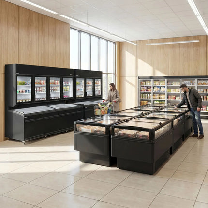 GGM Gastro Commercial dual‑temperature multideck display - 2500mm - 650L - with 4 double‑glazed hinged glass doors & 6 shelves - Black