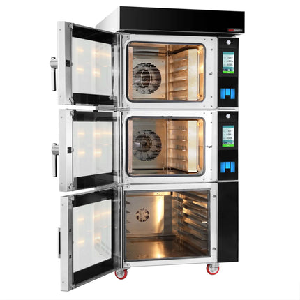 GGM Gastro Commercial Electric Bakery Convection Oven with Steam Injection with Humidity Control - Touchscreen Controls - 2 Baking Chambers - 10x 600x400mm (EN 60x40) - Black - with Prover Cabinet