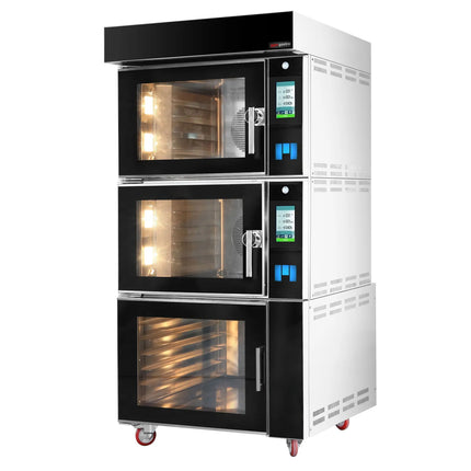 GGM Gastro Commercial Electric Bakery Convection Oven with Steam Injection with Humidity Control - Touchscreen Controls - 2 Baking Chambers - 10x 600x400mm (EN 60x40) - Black - with Prover Cabinet