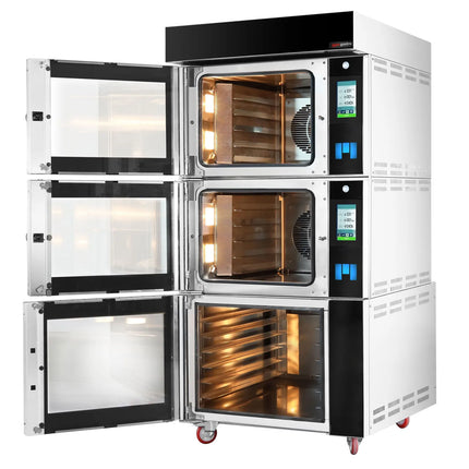 GGM Gastro Commercial Electric Bakery Convection Oven with Steam Injection with Humidity Control - Touchscreen Controls - 2 Baking Chambers - 10x 600x400mm (EN 60x40) - Black - with Prover Cabinet