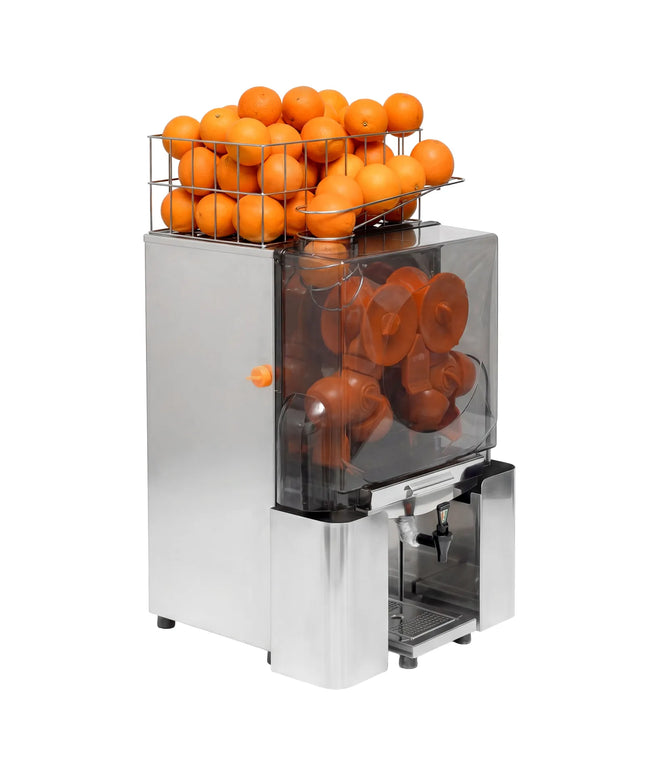 GGM Gastro Commercial Electric Citrus Juicer - 200W - 48kg - with manual feed, waste bin 10kg, safety cover, removable front cover, plastic tap - Stainless Steel