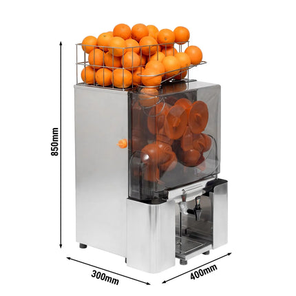 GGM Gastro Commercial Electric Citrus Juicer - 200W - 48kg - with manual feed, waste bin 10kg, safety cover, removable front cover, plastic tap - Stainless Steel