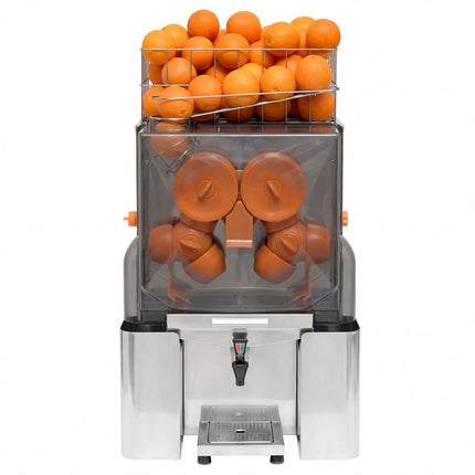 GGM Gastro Commercial Electric Citrus Juicer - 200W - 48kg - with manual feed, waste bin 10kg, safety cover, removable front cover, plastic tap - Stainless Steel