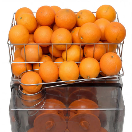 GGM Gastro Commercial Electric Citrus Juicer - 200W - 48kg - with manual feed, waste bin 10kg, safety cover, removable front cover, plastic tap - Stainless Steel