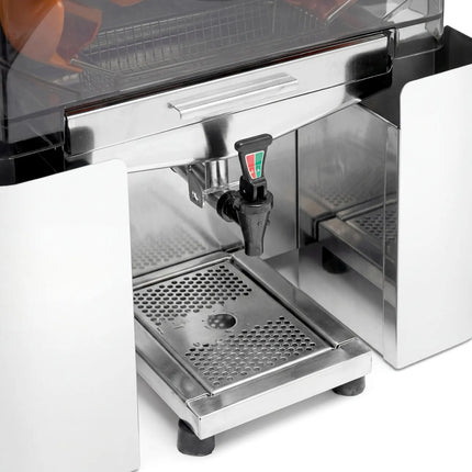 GGM Gastro Commercial Electric Citrus Juicer - 200W - 48kg - with manual feed, waste bin 10kg, safety cover, removable front cover, plastic tap - Stainless Steel