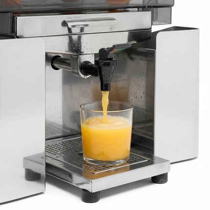 GGM Gastro Commercial Electric Citrus Juicer - 200W - 48kg - with manual feed, waste bin 10kg, safety cover, removable front cover, plastic tap - Stainless Steel