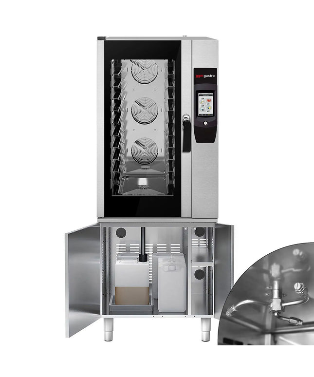 GGM Gastro Commercial Electric Combi Oven - Touchscreen Controls - 10x GN 1/1 - incl. Automatic washing system, Core temperature probe, Fat collection tray, Base cabinet, Wi‑Fi & USB, USB port, Halogen lighting