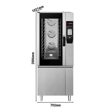 GGM Gastro Commercial Electric Combi Oven - Touchscreen Controls - 10x GN 1/1 - incl. Automatic washing system, Core temperature probe, Fat collection tray, Base cabinet, Wi‑Fi & USB, USB port, Halogen lighting