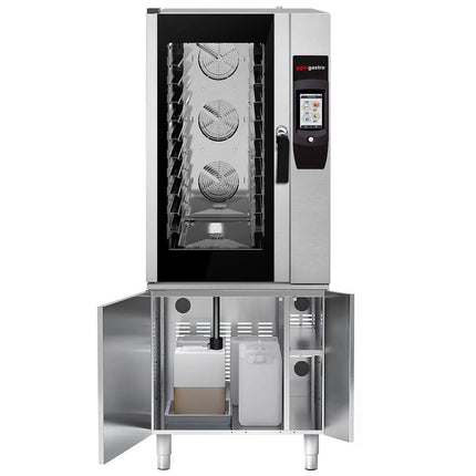 GGM Gastro Commercial Electric Combi Oven - Touchscreen Controls - 10x GN 1/1 - incl. Automatic washing system, Core temperature probe, Fat collection tray, Base cabinet, Wi‑Fi & USB, USB port, Halogen lighting
