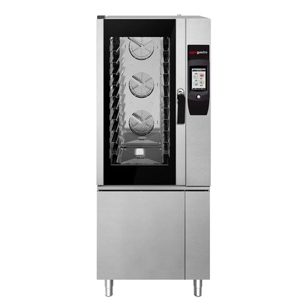 GGM Gastro Commercial Electric Combi Oven - Touchscreen Controls - 10x GN 1/1 - incl. Automatic washing system, Core temperature probe, Fat collection tray, Base cabinet, Wi‑Fi & USB, USB port, Halogen lighting