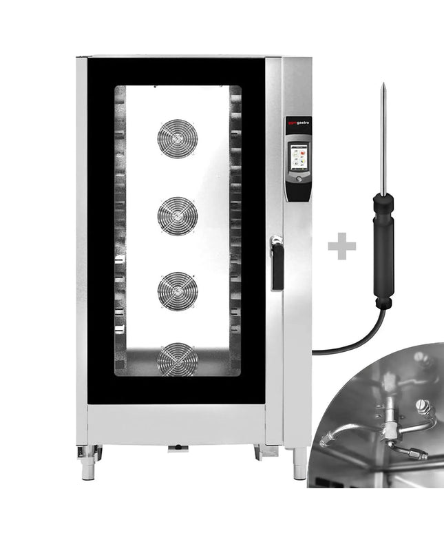 GGM Gastro Commercial Electric Combi Oven - Touchscreen Controls - 17.8 cm touchscreen display - 40x GN 1/1 or 20x GN 2/1 - incl. Automatic washing system, Core temperature probe & Tray trolley