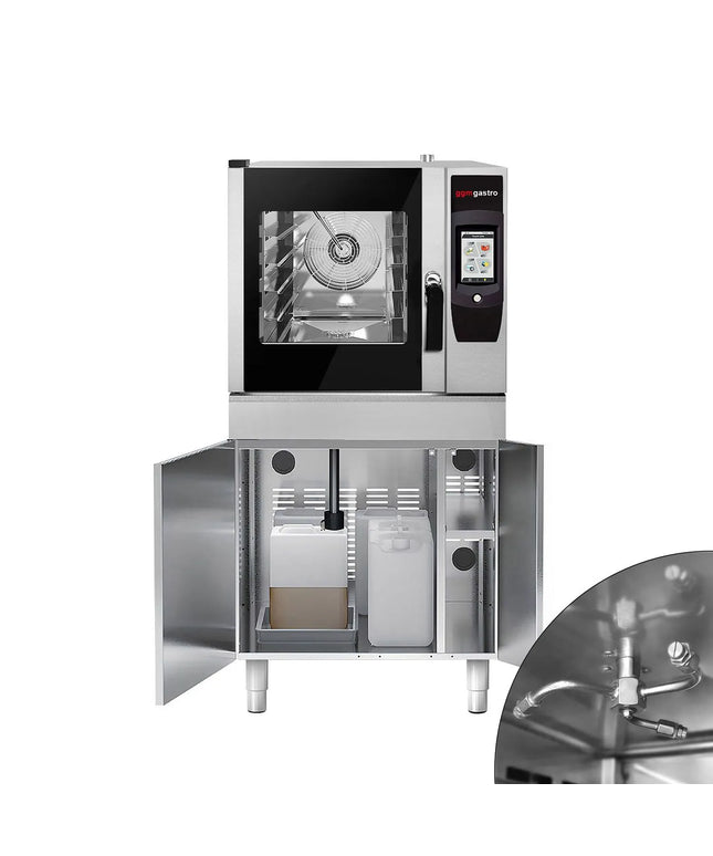 GGM Gastro Commercial Electric Combi Oven - Touchscreen Controls - 4x GN 1/1 - incl. Automatic washing system, Core temperature probe, Fat collection tray, Halogen lighting, Wi‑Fi & USB - 17.8 cm colour touchscreen