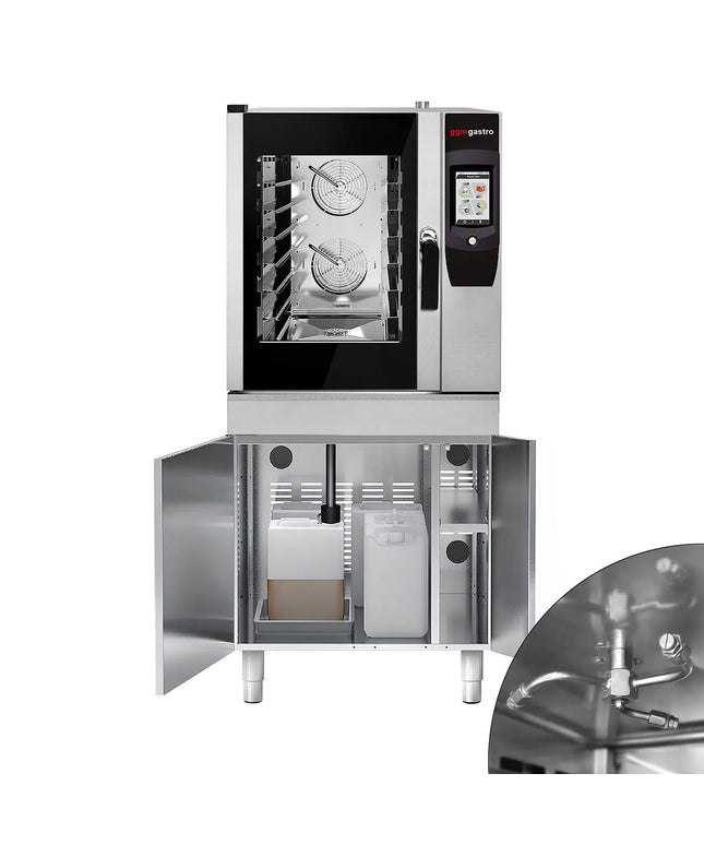 GGM Gastro Commercial Electric Combi Oven- Touchscreen Controls - 6x GN 1/1 - 17.8 cm colour touchscreen - incl. Automatic washing system, Core temperature probe, Fat collection tray, Base cabinet, Wi‑Fi & USB