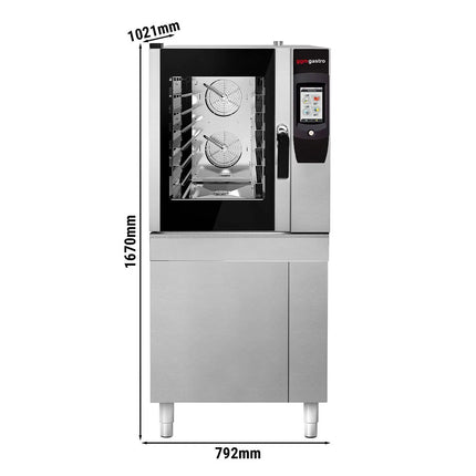 GGM Gastro Commercial Electric Combi Oven- Touchscreen Controls - 6x GN 1/1 - 17.8 cm colour touchscreen - incl. Automatic washing system, Core temperature probe, Fat collection tray, Base cabinet, Wi‑Fi & USB