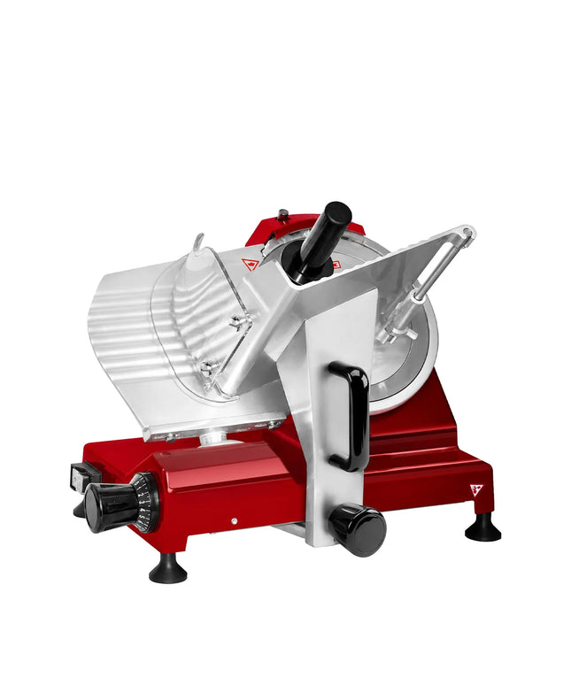 GGM Gastro Commercial Electric Meat Slicer 10''/Ø 250 mm – Gravity Feed – 150 W – 0.2–12 mm – 160 mm Cut – Red