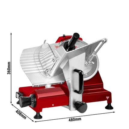 GGM Gastro Commercial Electric Meat Slicer 10''/Ø 250 mm – Gravity Feed – 150 W – 0.2–12 mm – 160 mm Cut – Red