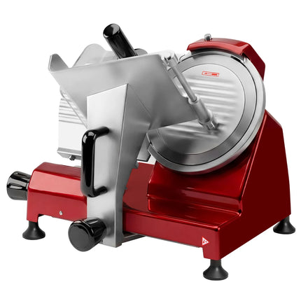 GGM Gastro Commercial Electric Meat Slicer 10''/Ø 250 mm – Gravity Feed – 150 W – 0.2–12 mm – 160 mm Cut – Red