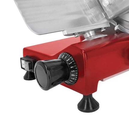 GGM Gastro Commercial Electric Meat Slicer 10''/Ø 250 mm – Gravity Feed – 150 W – 0.2–12 mm – 160 mm Cut – Red