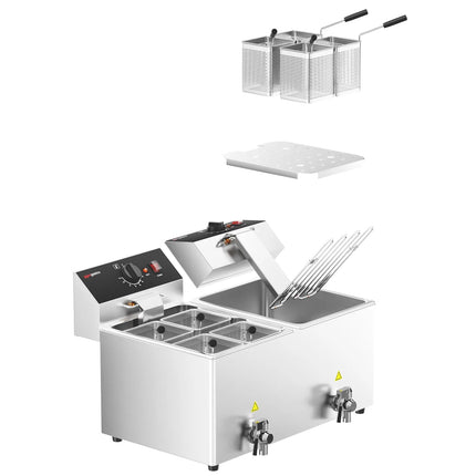 GGM Gastro Commercial Electric Pasta Cooker - Twin Tank - Countertop - 8 + 8L - 6.5kW - with Drain Tap - with 8 Baskets