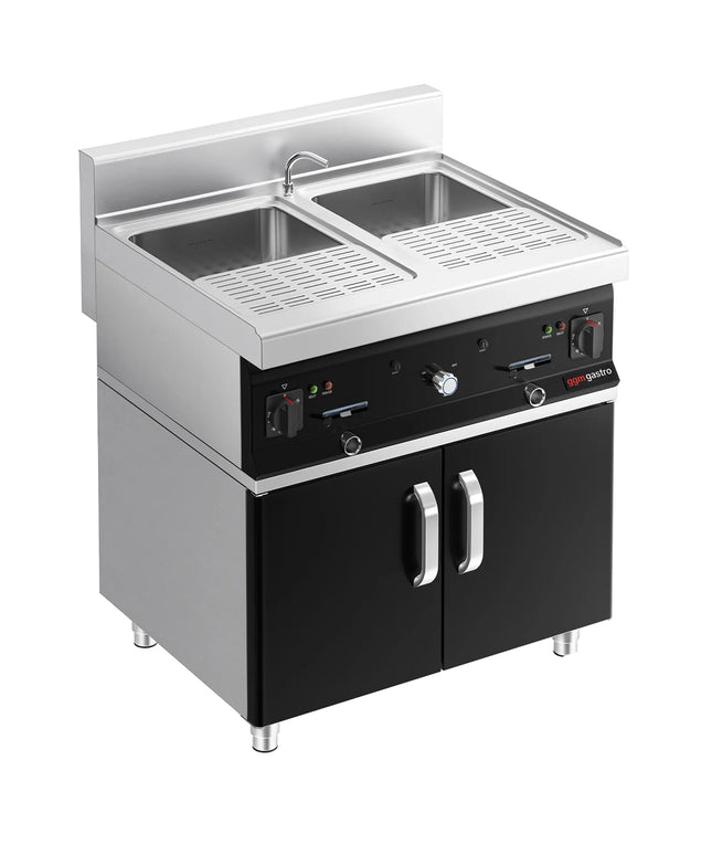GGM Gastro Commercial Electric Pasta Cooker - Twin Tank - Freestanding - 2x 26L - 12kW - with Drain Tap - on Cupboard Base - 2-Door - 700mm Depth
