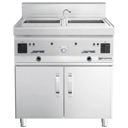GGM Gastro Commercial Electric Pasta Cooker - Twin Tank - Freestanding - 2x26L - 12kW - with Drain Tap - on Cupboard Base - 2-Door - 700mm Depth