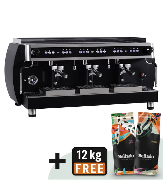 GGM Gastro Commercial Espresso Machine "Grace" - 3 Group - with Digital Display - Pre-infusion System & 2 Steam Wands - Black