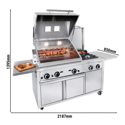 GGM Gastro Commercial Gas Chargrill - 22.5kW|2187mm - Freestanding - 850mm Deep - 2 Burners - incl. Wheels, Rotisserie Skewer