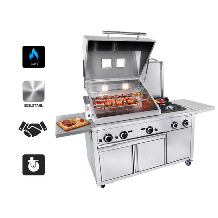GGM Gastro Commercial Gas Chargrill - 22.5kW|2187mm - Freestanding - 850mm Deep - 2 Burners - incl. Wheels, Rotisserie Skewer