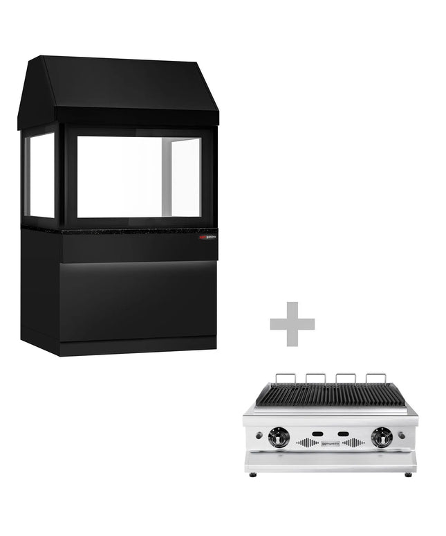GGM Gastro Commercial Gas Chargrill TORONTO - 10.4kW - 1100mm - 900mm Deep - 4 Grill Grids - Cast-Iron Cooking Grids - Black-front Fascia - Black Granite Worktop - Tempered Glass Heat Guard