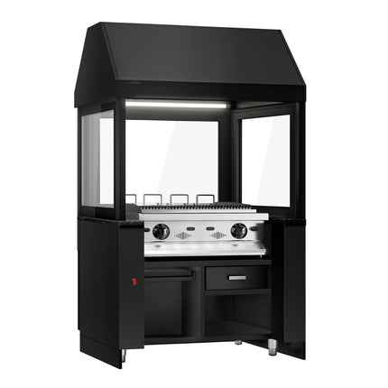 GGM Gastro Commercial Gas Chargrill TORONTO - 10.4kW - 1100mm - 900mm Deep - 4 Grill Grids - Cast-Iron Cooking Grids - Black-front Fascia - Black Granite Worktop - Tempered Glass Heat Guard