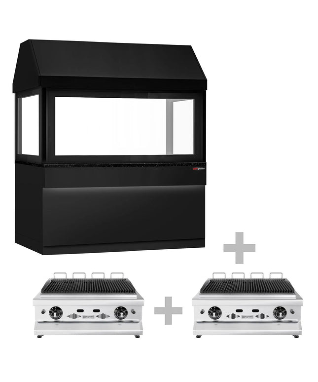 GGM Gastro Commercial Gas Chargrill TORONTO - 1910mm - Freestanding - 900mm Deep - 8 Grill Grids - Cast-Iron Cooking Grids - Black-front Fascia - Black Granite Worktop - Tempered Glass Heat Guard