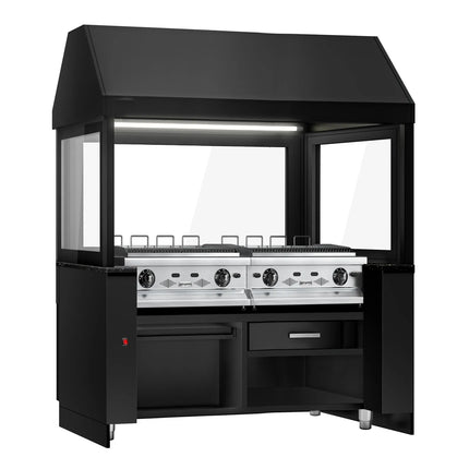 GGM Gastro Commercial Gas Chargrill TORONTO - 1910mm - Freestanding - 900mm Deep - 8 Grill Grids - Cast-Iron Cooking Grids - Black-front Fascia - Black Granite Worktop - Tempered Glass Heat Guard