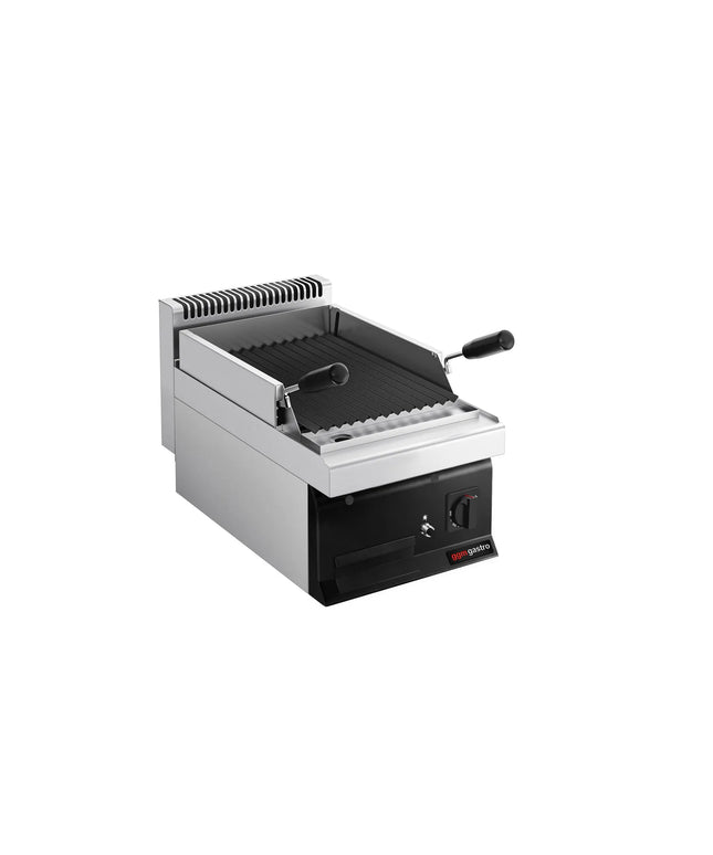 GGM Gastro Commercial Gas Lava Rock Chargrill MARIO 700 - 400mm - Countertop - 700mm Deep - 1 Grill Grid - Tilting Grill Grid - Black-front Fascia