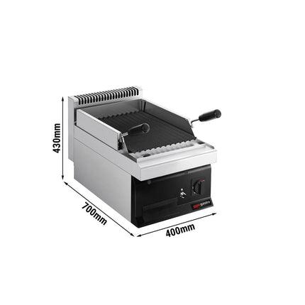 GGM Gastro Commercial Gas Lava Rock Chargrill MARIO 700 - 400mm - Countertop - 700mm Deep - 1 Grill Grid - Tilting Grill Grid - Black-front Fascia