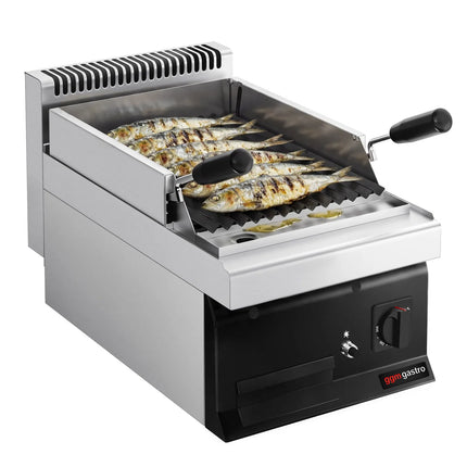 GGM Gastro Commercial Gas Lava Rock Chargrill MARIO 700 - 400mm - Countertop - 700mm Deep - 1 Grill Grid - Tilting Grill Grid - Black-front Fascia